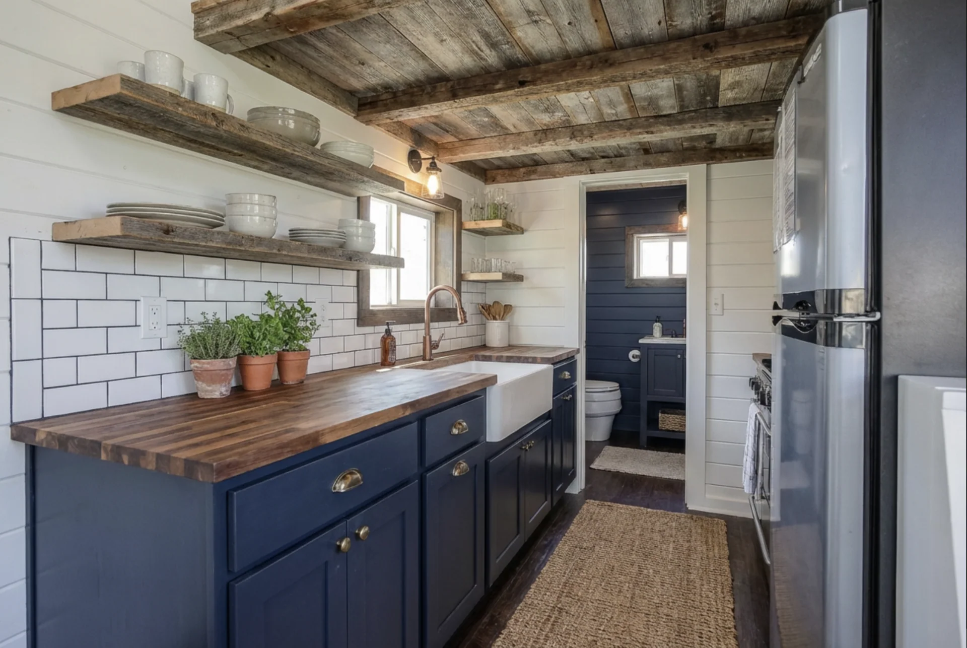 Prefabulous Off-Grid Model basic interior - living space and bunk beds with French doors