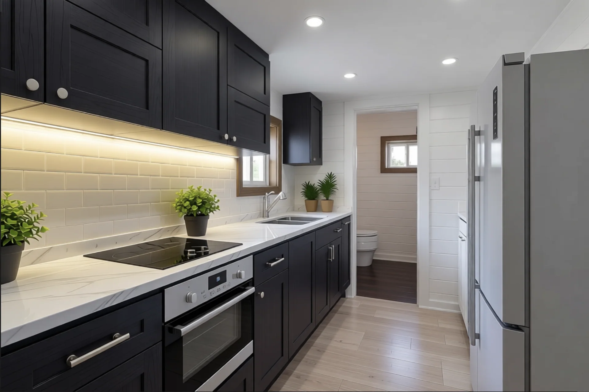 Prefabulous Off-Grid Model basic interior - wood stove heating system and OSB finishes