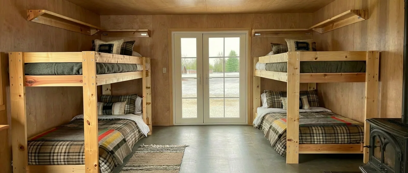 Prefabulous Off-Grid Model interior - beautiful finished space with warm lighting