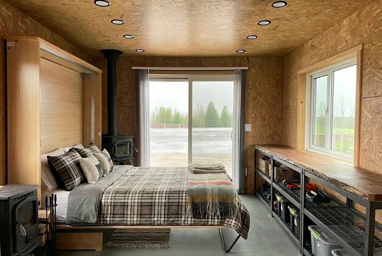 Prefabulous Off-Grid Model interior - premium finished space with wall-mount bed and wood stove