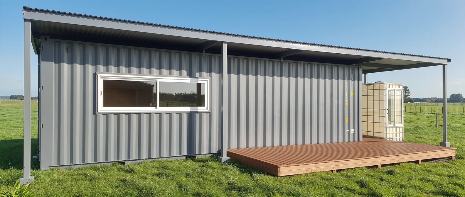 Prefabulous Off-Grid Model exterior - container home with roof and ventilation